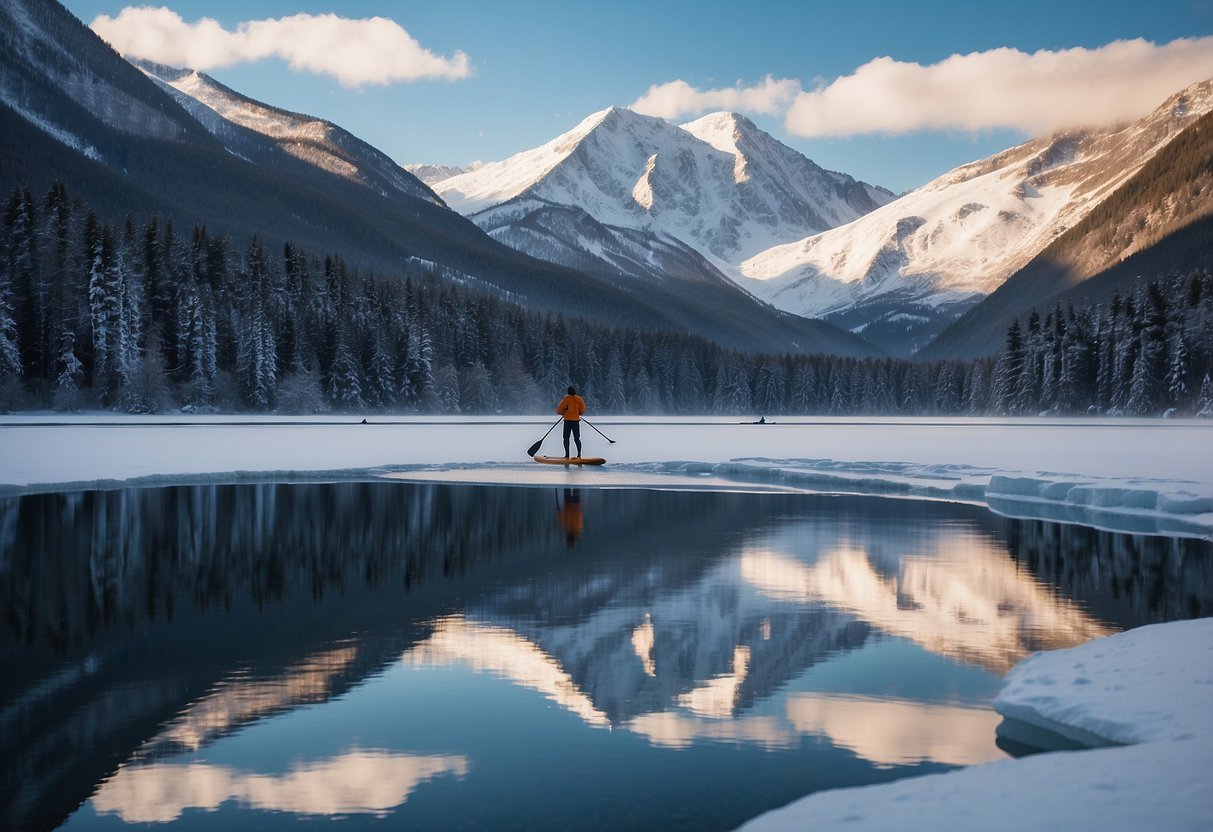 Snow-covered mountains surround a frozen lake. A lone paddleboarder glides across the calm, icy water, surrounded by the peaceful winter landscape