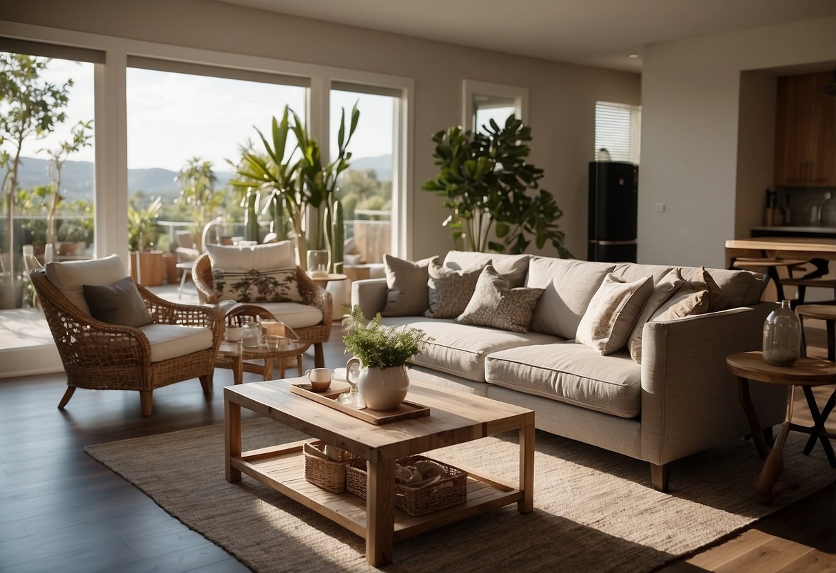 A living room with a sofa, coffee table, and armchair. A dining area with a table and chairs. A bedroom with a bed, nightstands, and a dresser