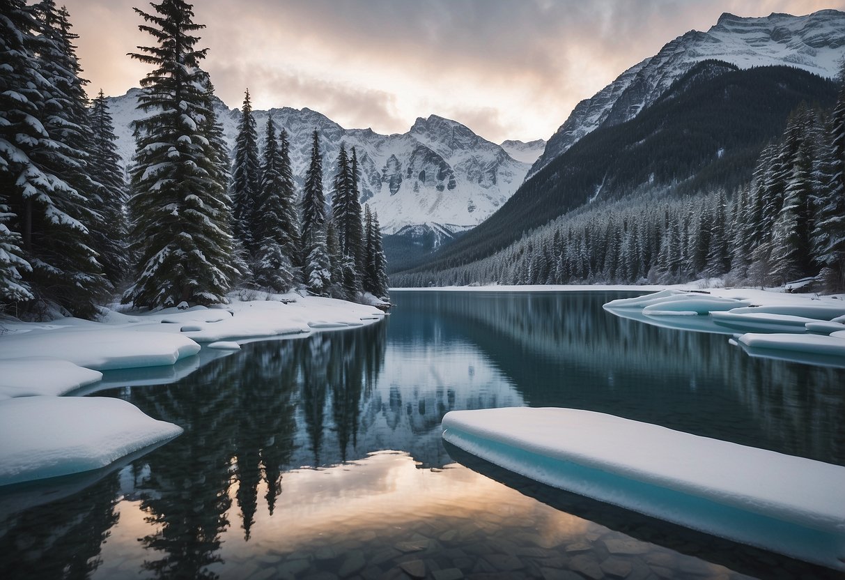 Snow-covered mountains surround a frozen lake. A paddleboard rests on the icy shore, ready for a winter adventure in Whistler, Canada