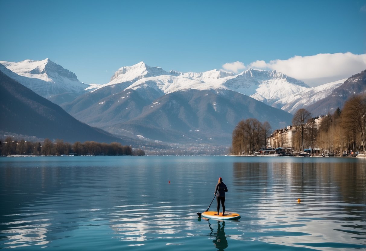 A serene winter scene at Annecy Lake, with snow-capped mountains in the background and a person stand-up paddleboarding on the calm, icy blue waters