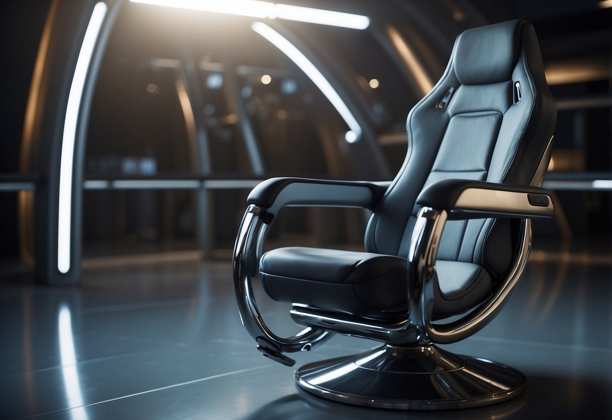 A sleek, metallic chair floats in zero gravity, secured to the floor with straps. A control panel with blinking lights and buttons is mounted on the wall