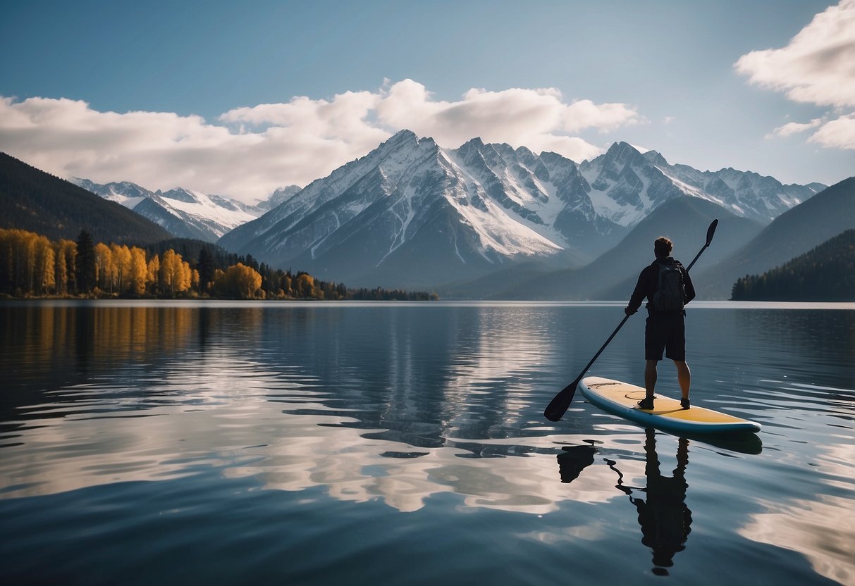 Snow-capped mountains surround a peaceful lake. A lone paddleboard glides through the calm waters, with city skyline in the distance