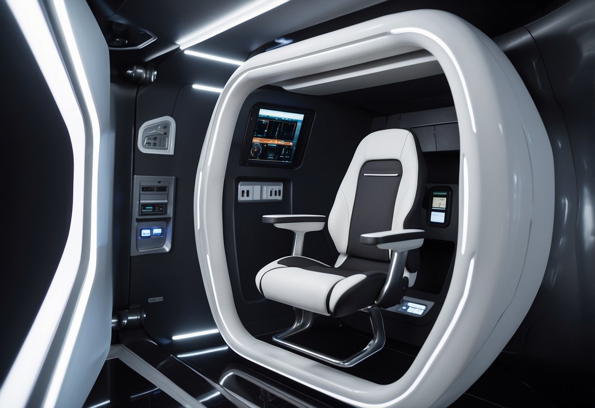 A sleek, modular chair floats weightlessly in the spacecraft cabin, secured to the floor with retractable straps. The chair features streamlined, ergonomic design with built-in storage compartments