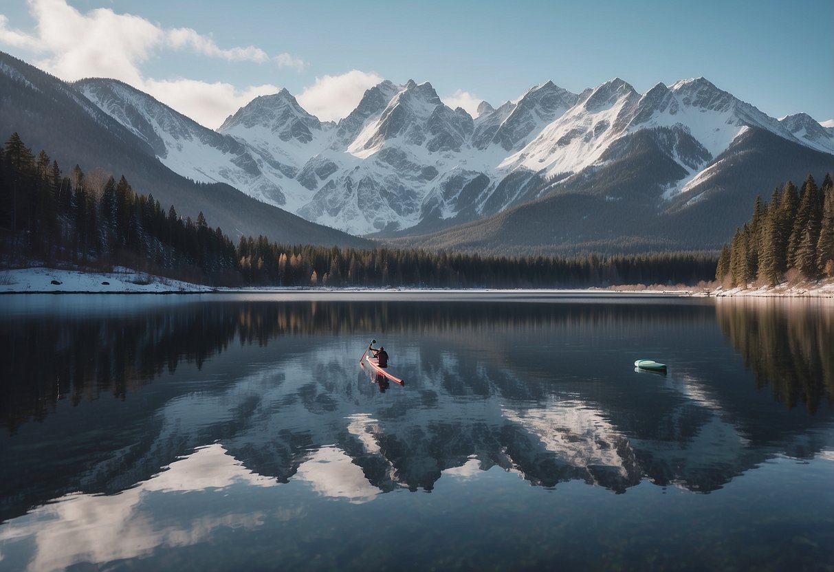 Snow-covered mountains surround a serene, frozen lake. A lone paddleboard rests on the icy shore, ready for a winter adventure