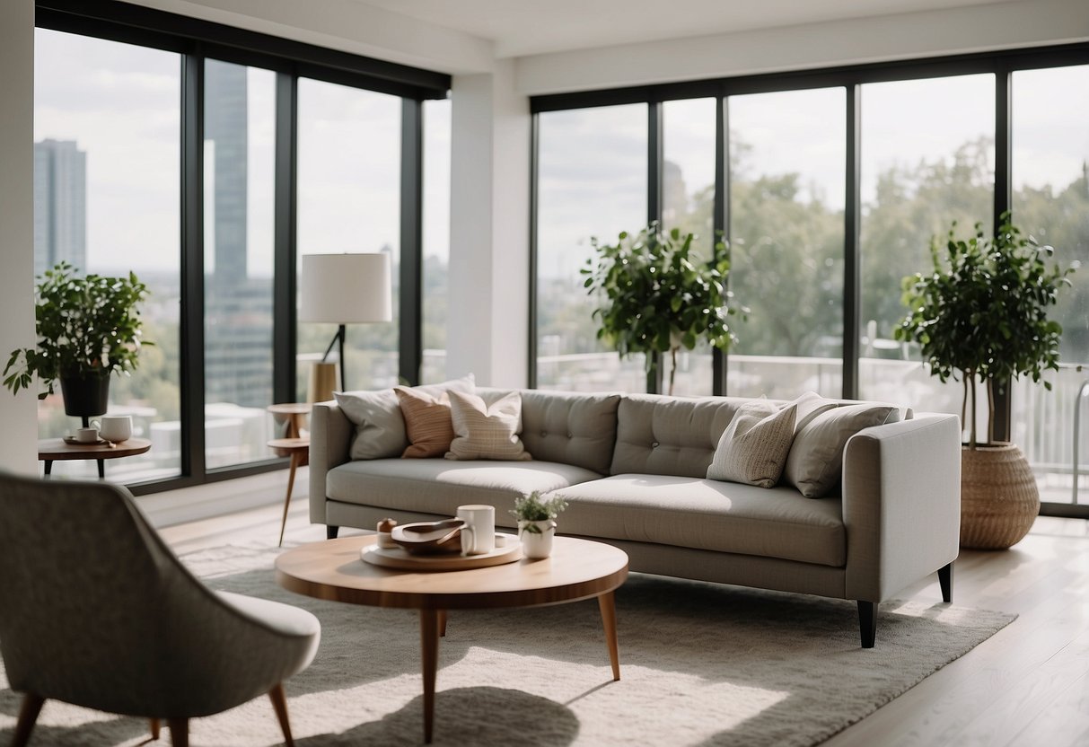 A person selecting modern furniture for a rental property, including a sofa, coffee table, and accent chairs. The room is bright and airy, with large windows and minimalistic decor