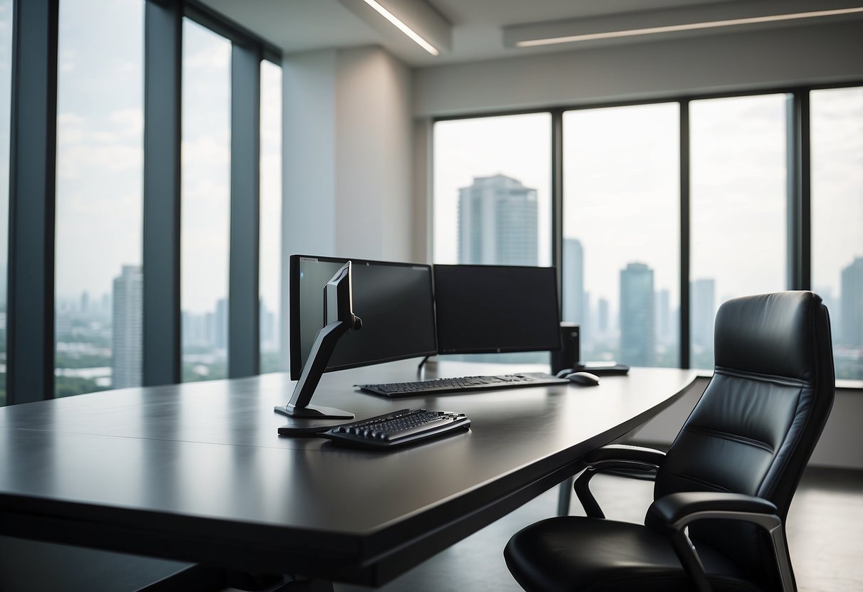 A sleek desk with a modern computer, ergonomic chair, and adjustable monitor arms in a bright, minimalist office space in Singapore