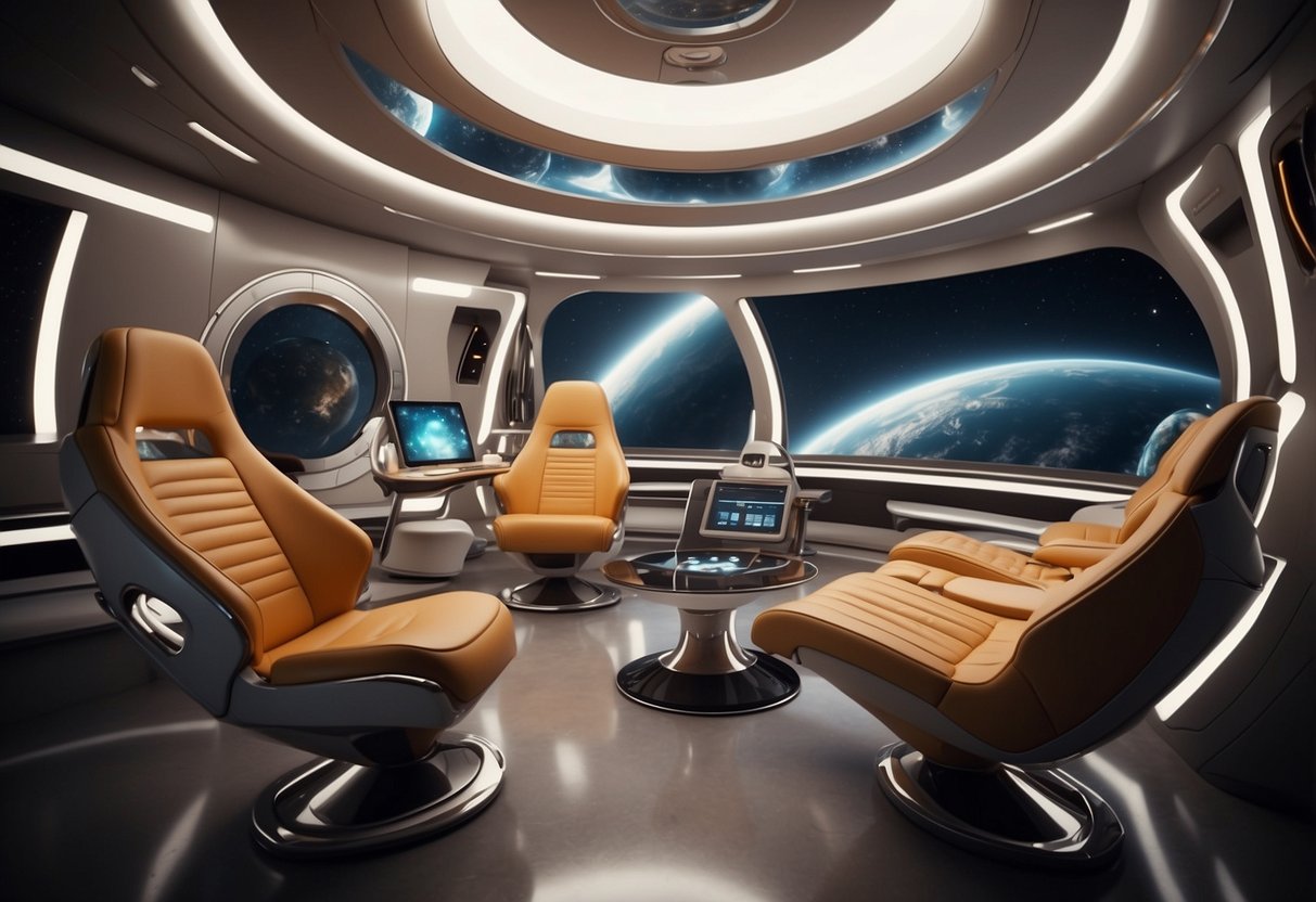 A sleek, modern spacecraft interior with futuristic furniture and advanced client care technology