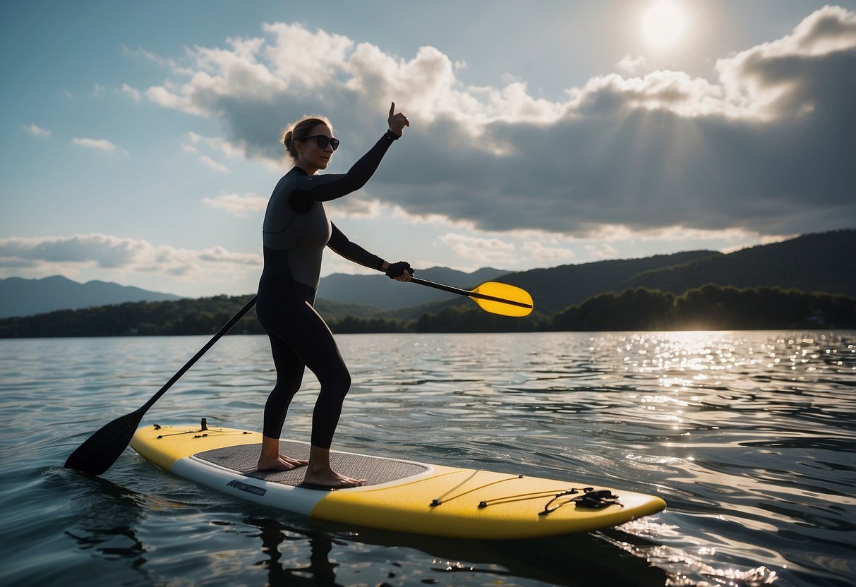 A paddleboard glides smoothly across calm waters as the paddler maintains a steady grip, wearing protective gloves and using proper technique to avoid blisters