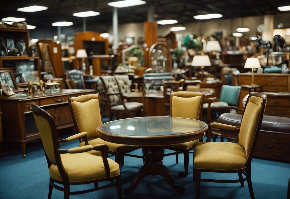 Various pieces of 2nd hand furniture arranged in a cluttered display. Chairs, tables, and cabinets fill the space, each with its own unique wear and tear