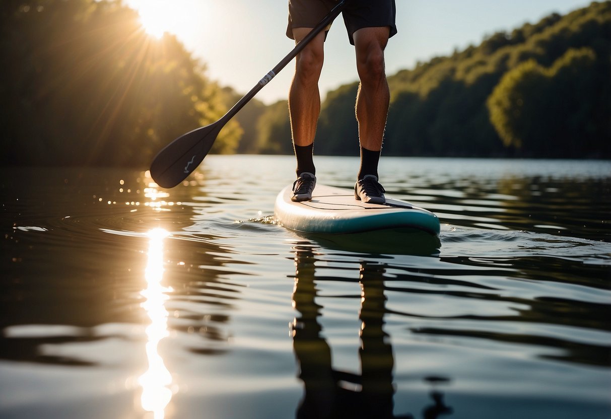 A paddleboarder wearing moisture-wicking socks glides smoothly on the water, avoiding blisters. The sun shines overhead, creating a serene and peaceful atmosphere