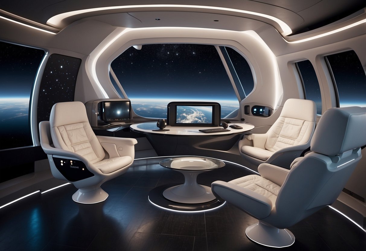 A sleek, modern spacecraft interior with ergonomic furniture arranged in a functional and stylish layout. The furniture includes multi-purpose seating and storage solutions to maximize space efficiency