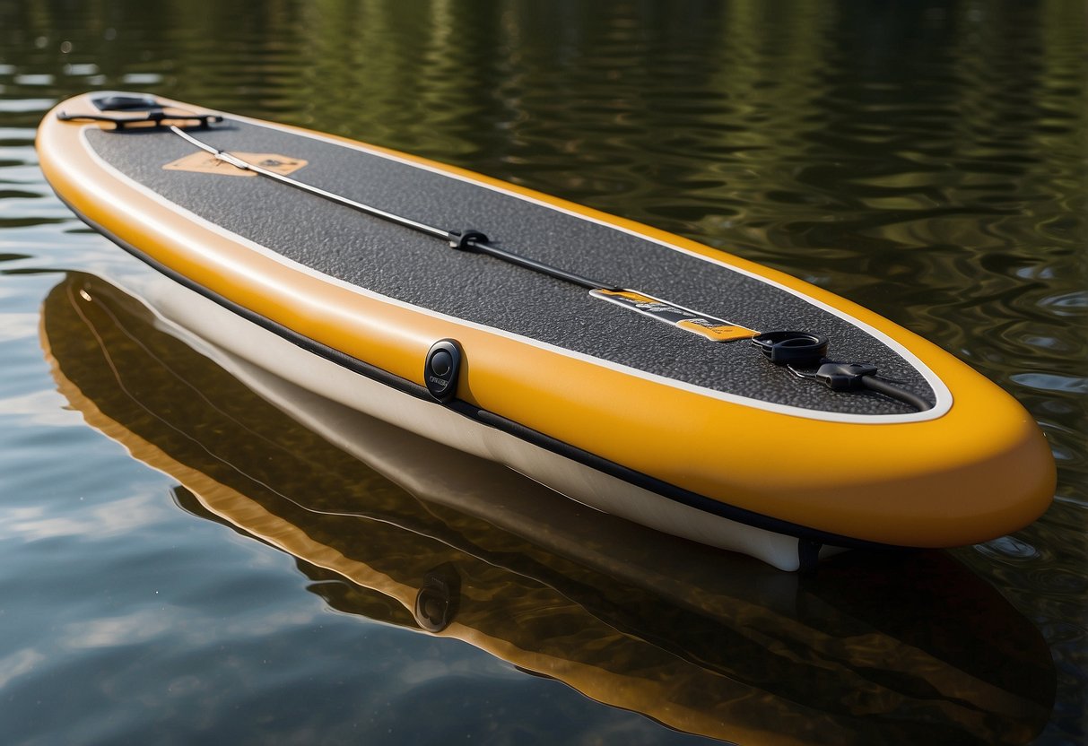 A paddleboard sits on a calm lake, with a tube of anti-chafing balm placed next to it. The sun is shining, and the water is clear and inviting