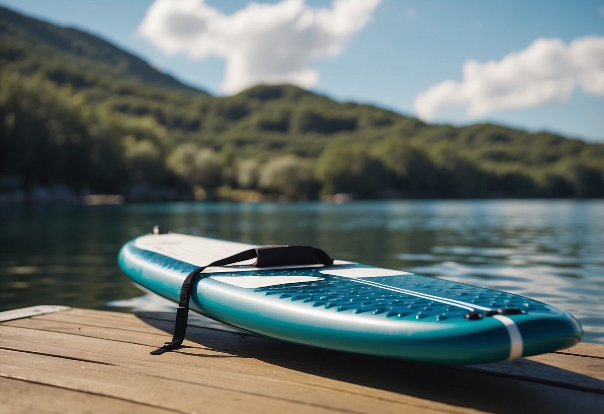 A paddleboard with taped areas to avoid blisters, surrounded by calm water and a clear blue sky