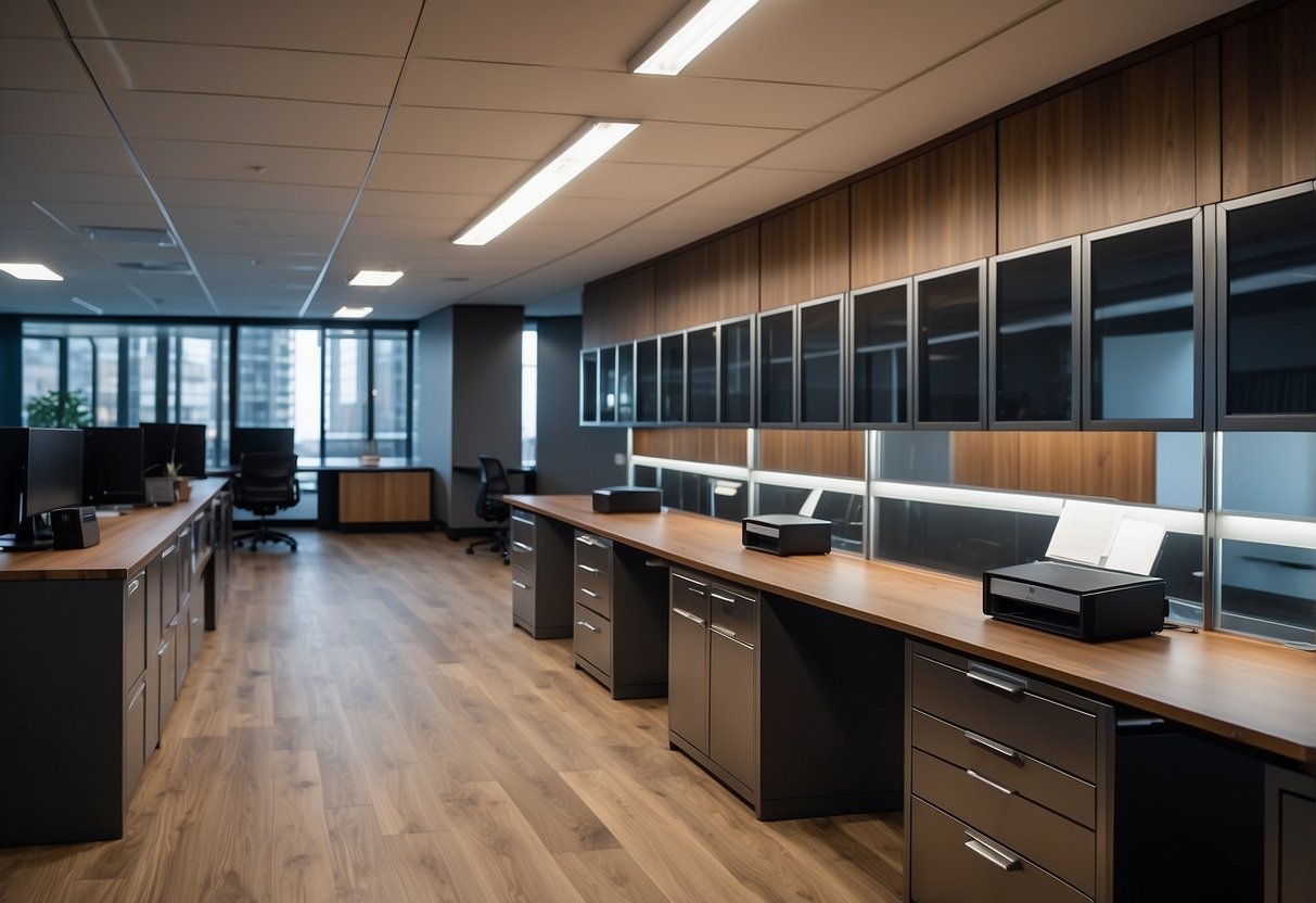 Metal cabinets line the office, reflecting the fluorescent lighting. The sleek, modern design contrasts with the warmth of the wooden desks