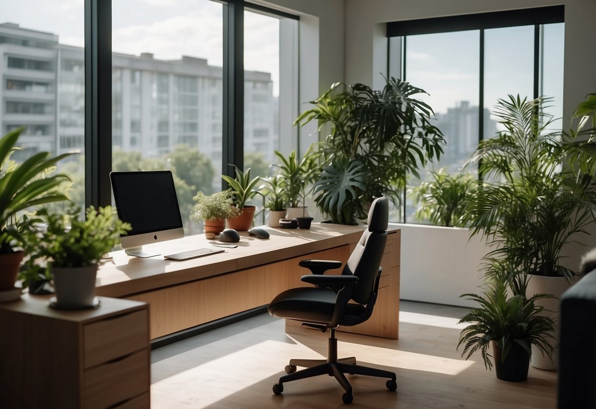 A sleek, modern desk with adjustable height, ergonomic chair, and ample storage space. Natural lighting from a large window, surrounded by plants for a calming atmosphere