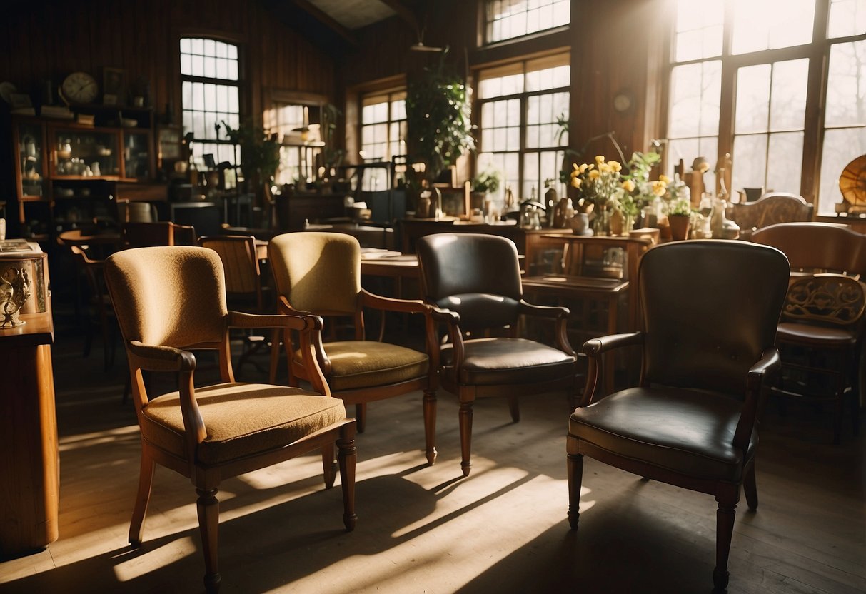 A cluttered thrift store filled with vintage chairs, tables, and cabinets. Sunlight streams through the windows, casting a warm glow on the worn but charming furniture