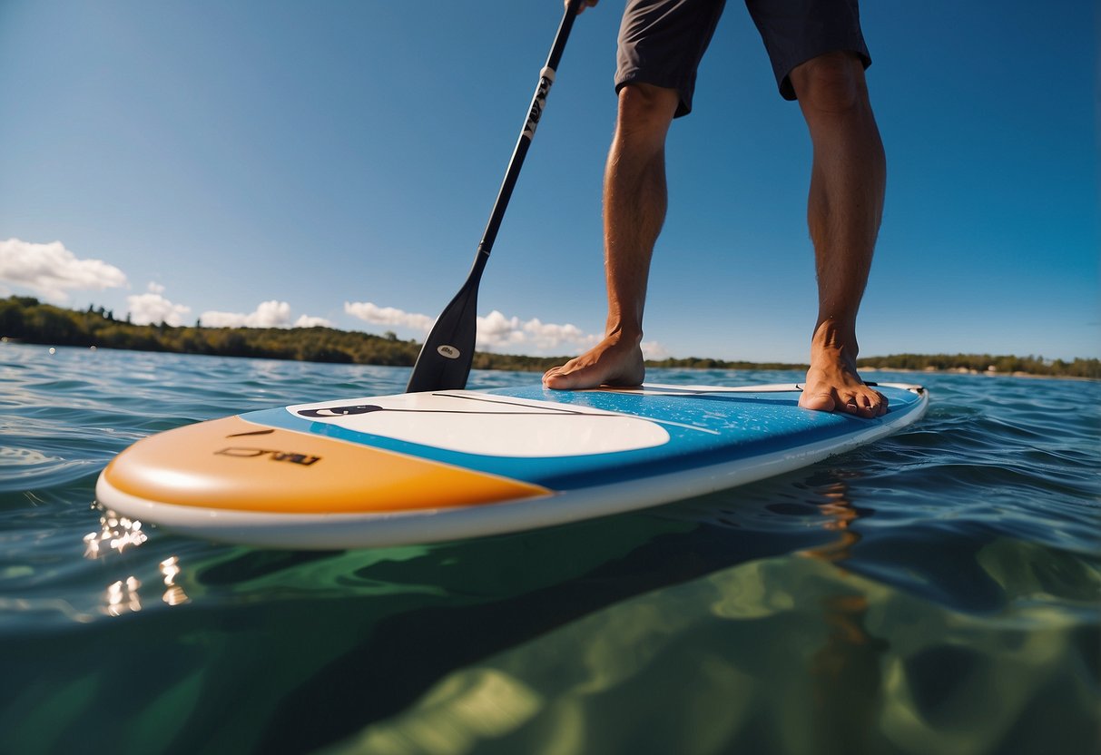 A paddleboard glides smoothly over calm water, with a clear blue sky overhead. The paddler's feet are positioned comfortably on the board, avoiding friction and blisters