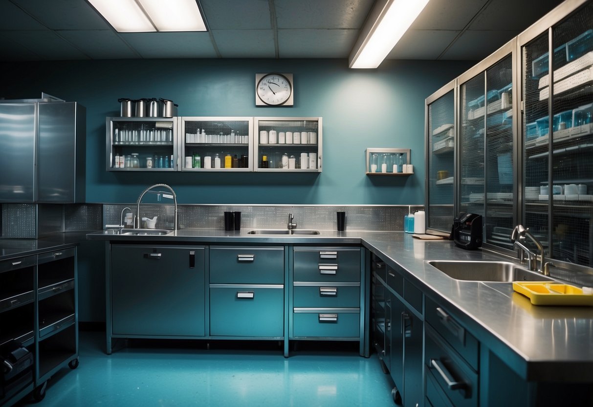 A steel laboratory bench with drawers and a sink, surrounded by metal shelves and cabinets, under bright overhead lighting
