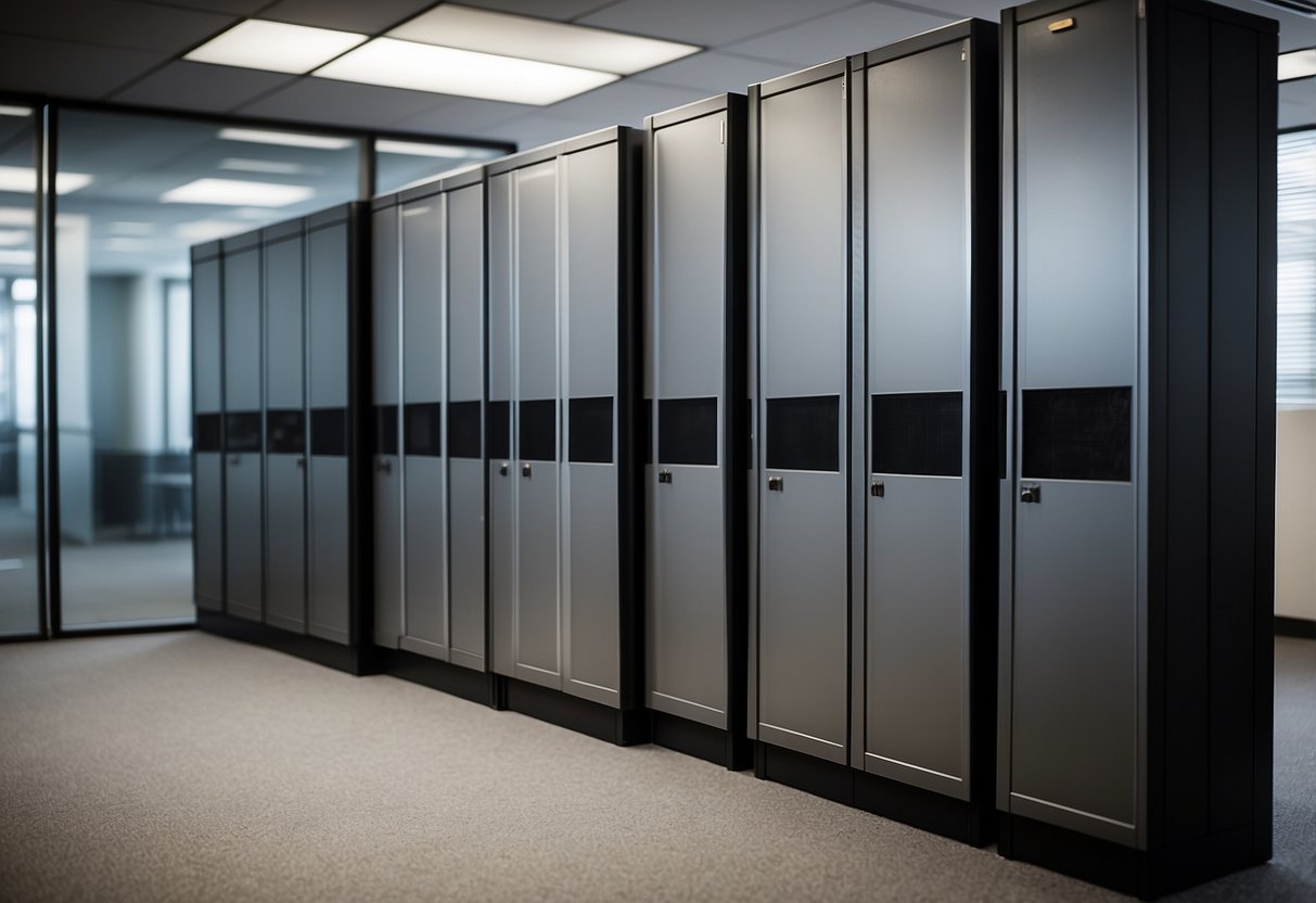 A row of metal cabinets in an office setting, each with different features and designs. Some cabinets have sliding doors, others have adjustable shelves. The cabinets vary in size and color, creating a diverse display of office furniture options