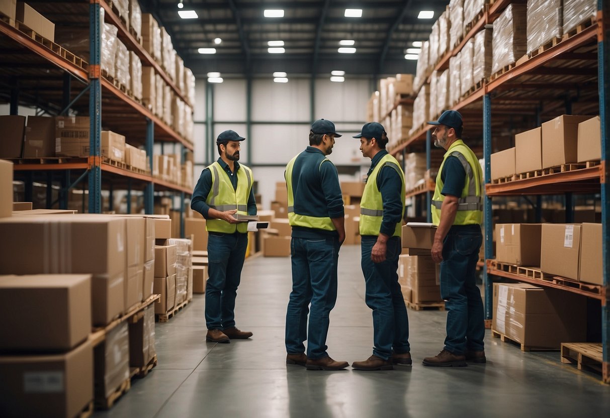 A warehouse filled with neatly stacked rental furniture, with workers inspecting and maintaining each piece for the next property