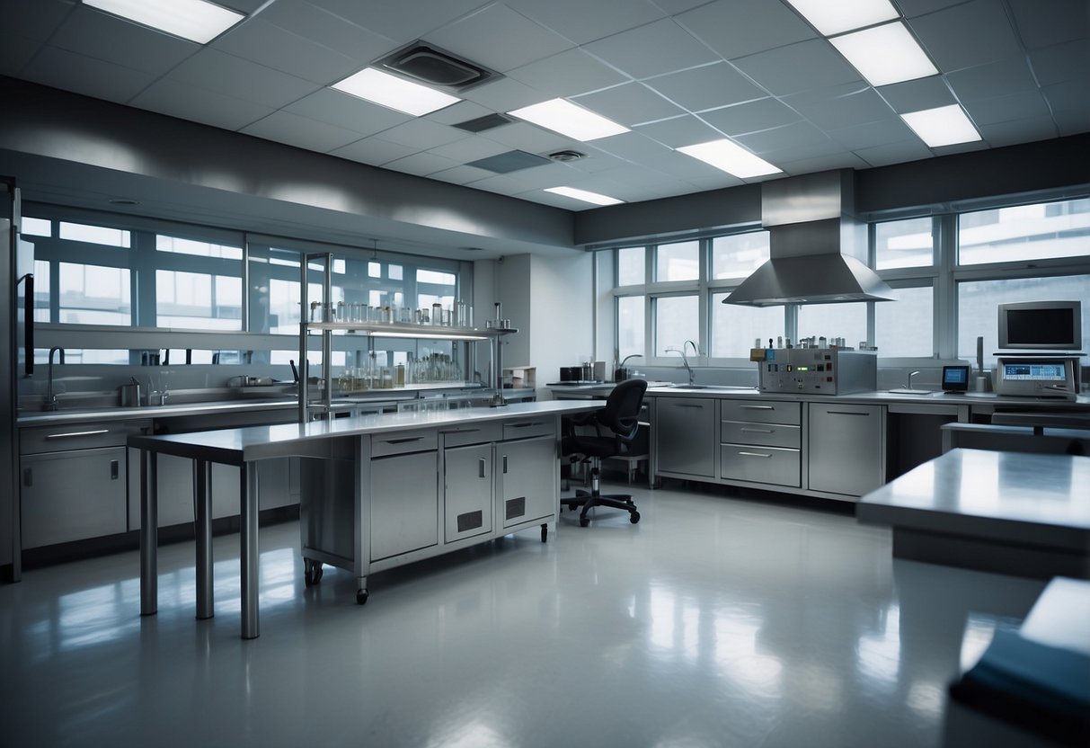 A modern steel laboratory with sleek furniture and equipment