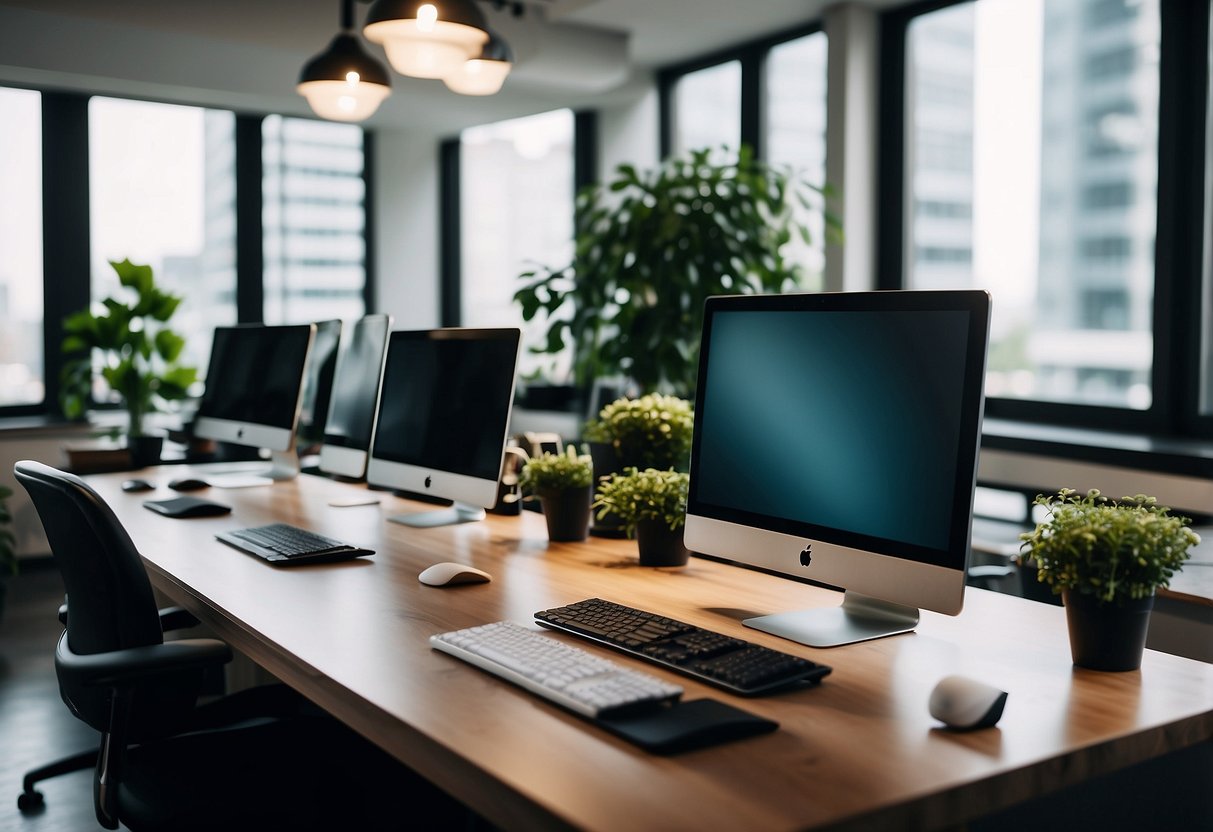 A modern office with sleek, ergonomic workstations and adjustable furniture, creating a productive and comfortable workspace