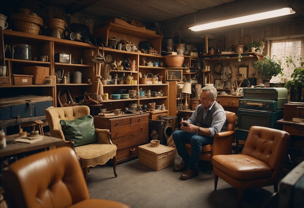 A cluttered garage with shelves of preloved furniture, a customer inspecting a vintage chair, and a seller discussing prices