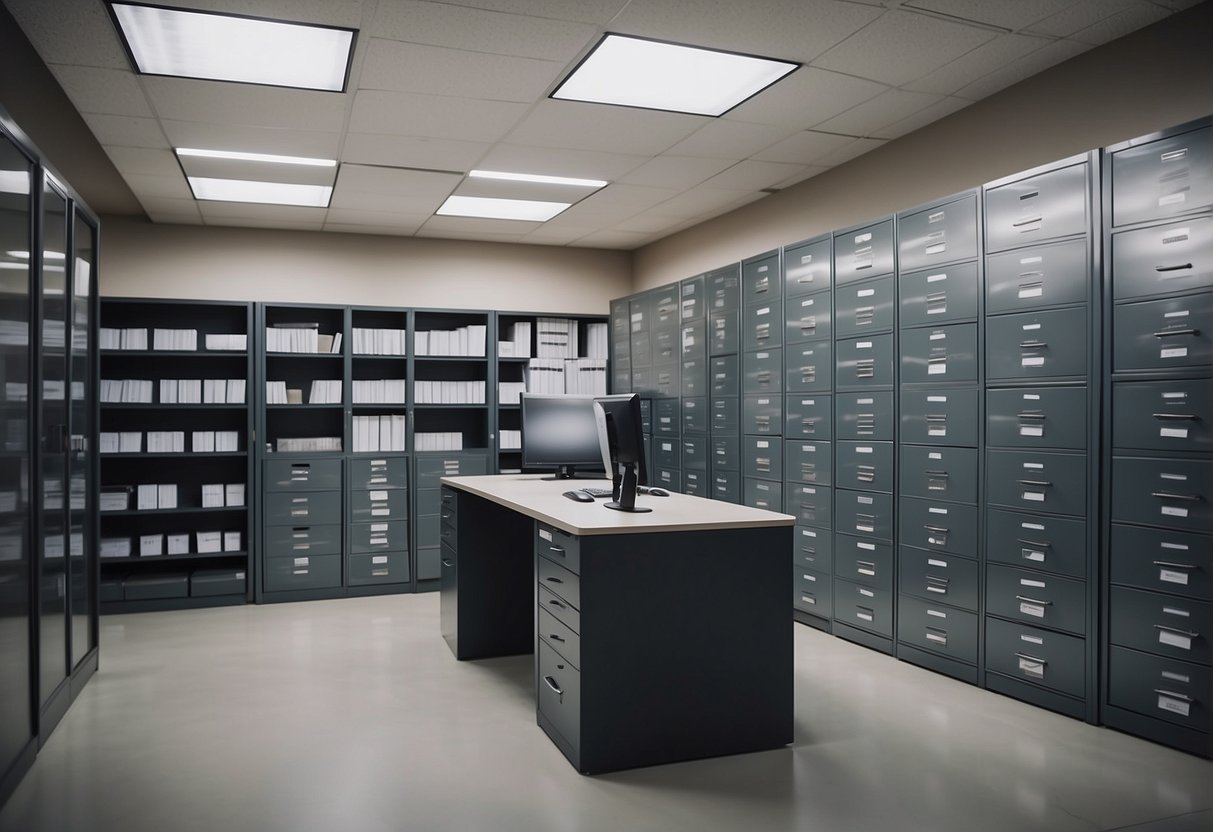 A modern office with metal cabinets, organized files, and labeled shelves. Bright lighting and a clean, professional atmosphere