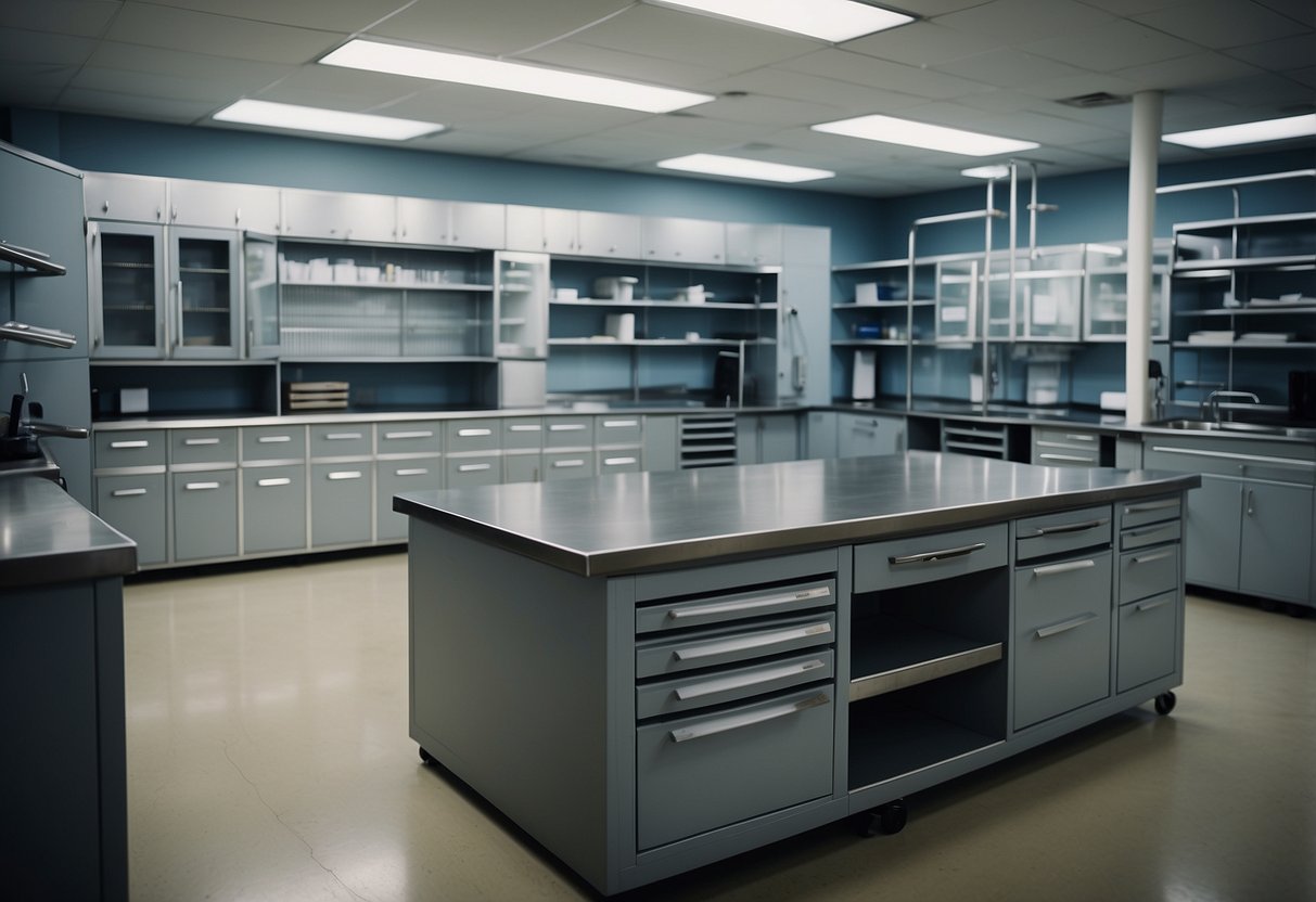 Steel lab furniture arranged for functionality and storage solutions