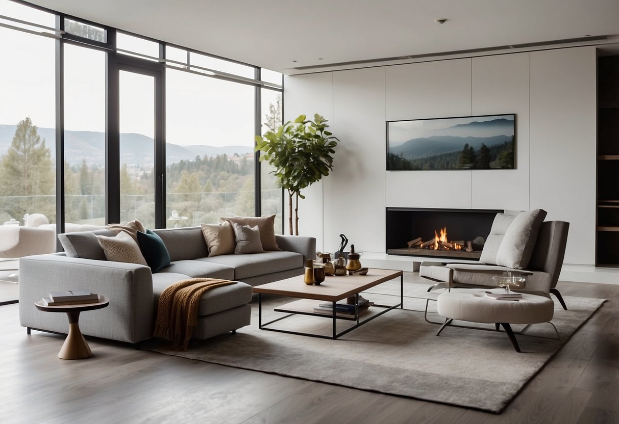 A sleek, modern living room with designer furniture for sale displayed against a clean, white backdrop