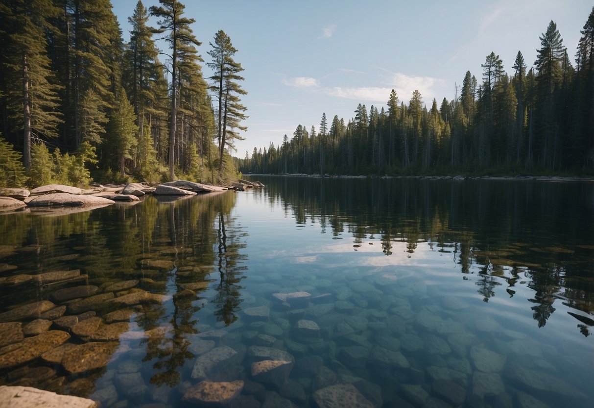 Crystal clear lakes reflect towering pine trees, surrounded by rocky shores and calm waters. A serene setting for paddleboarding adventures in the Boundary Waters, Minnesota