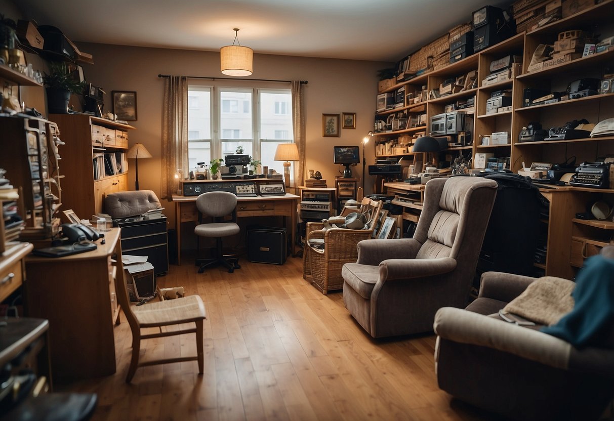A cluttered room with various pieces of second-hand furniture for sale, including chairs, tables, and shelves. A sign reads "Frequently Asked Questions" above the items