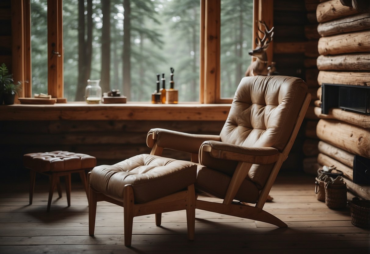 A deer lounges on a cozy armchair, surrounded by rustic wooden furniture in a peaceful forest cabin