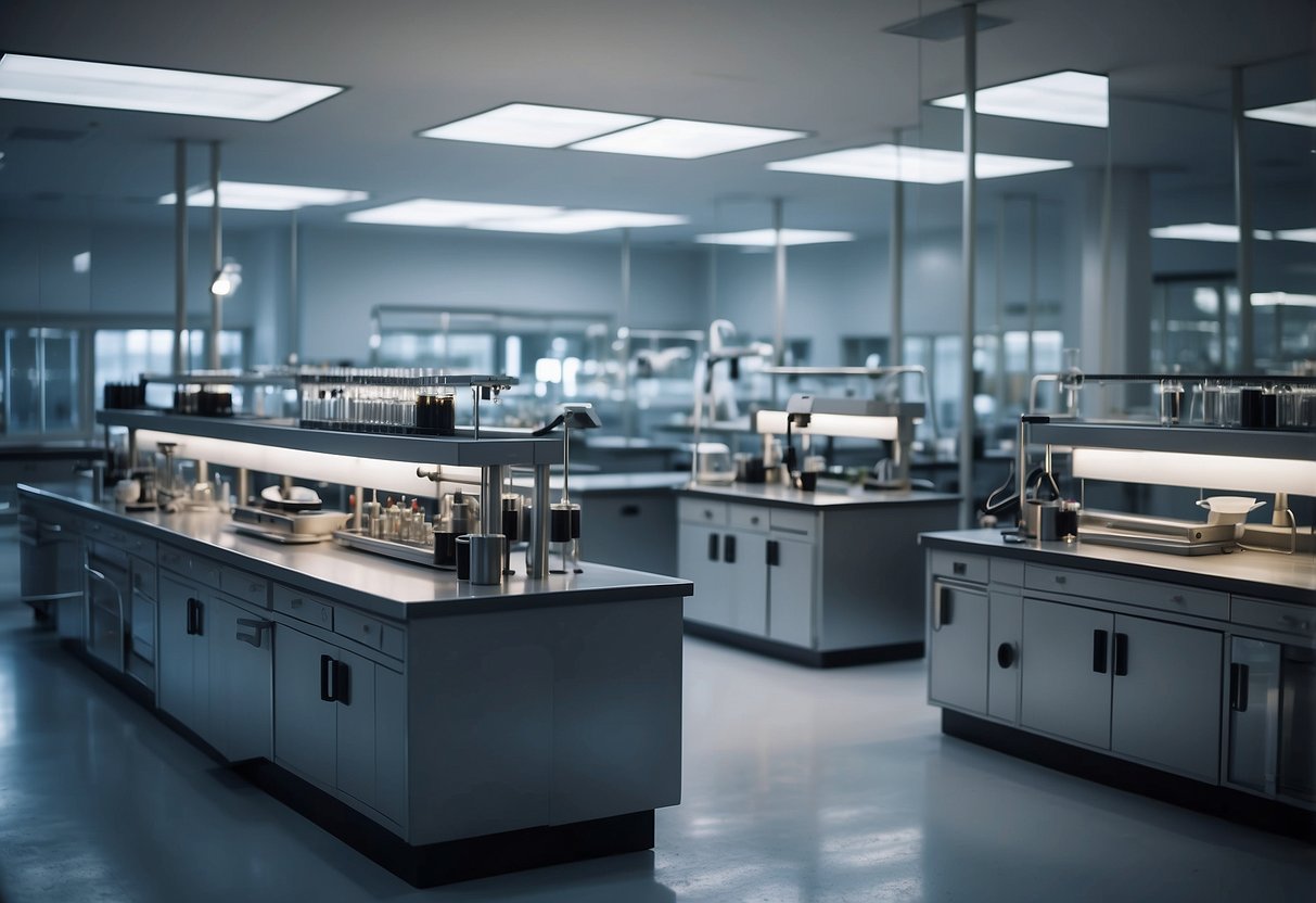 A modern steel laboratory with sleek, durable furniture and a clean, organized layout. Bright lighting and scientific equipment complete the scene