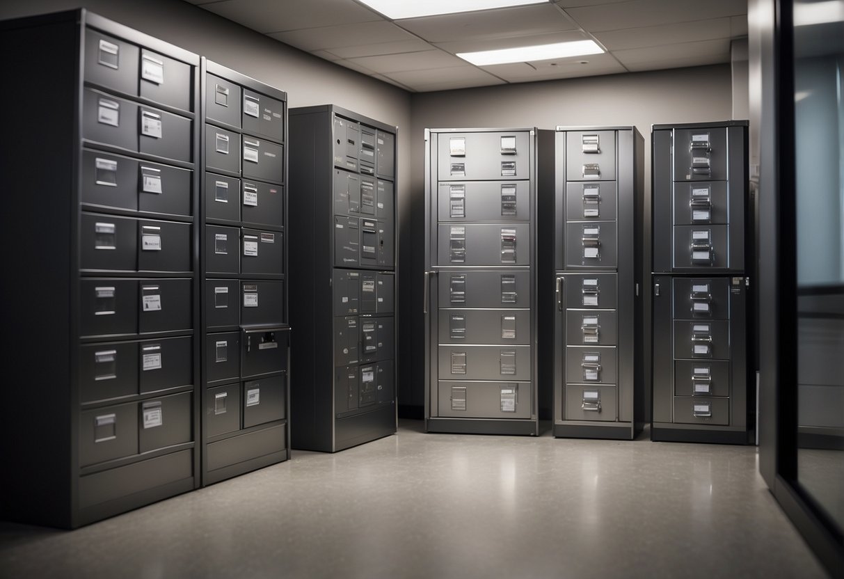 Metal cabinets neatly arranged in an office setting, with labels indicating "Frequently Asked Questions." Bright lighting and clean surfaces add to the professional atmosphere