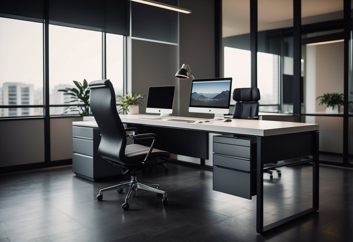 A sleek, modern workstation with a desk, ergonomic chair, and storage cabinets. Clean lines, neutral colors, and organized layout