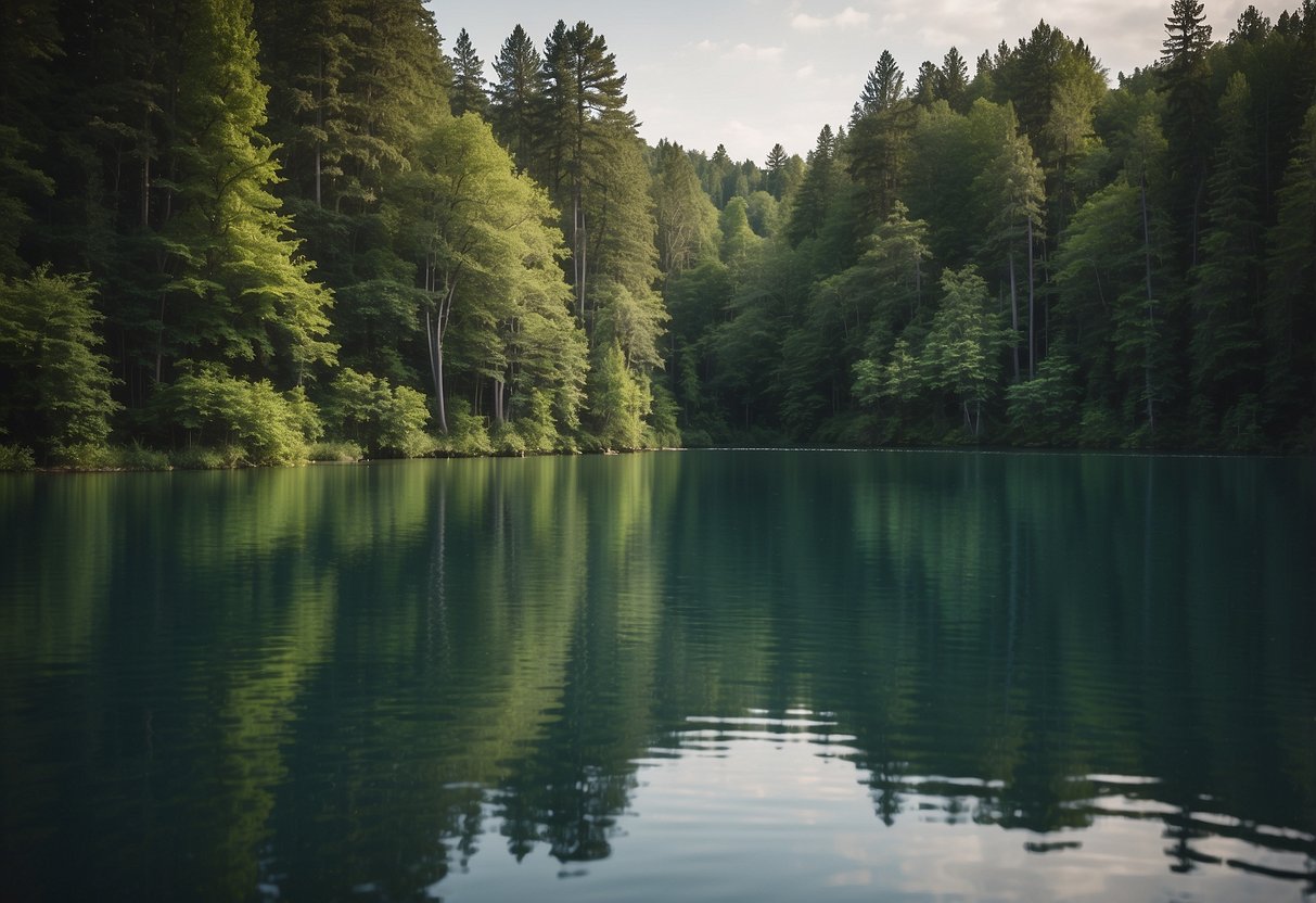 A serene lake nestled in a lush forest, with clear, calm waters reflecting the surrounding greenery. A gentle breeze ripples the surface, creating a perfect setting for paddleboarding