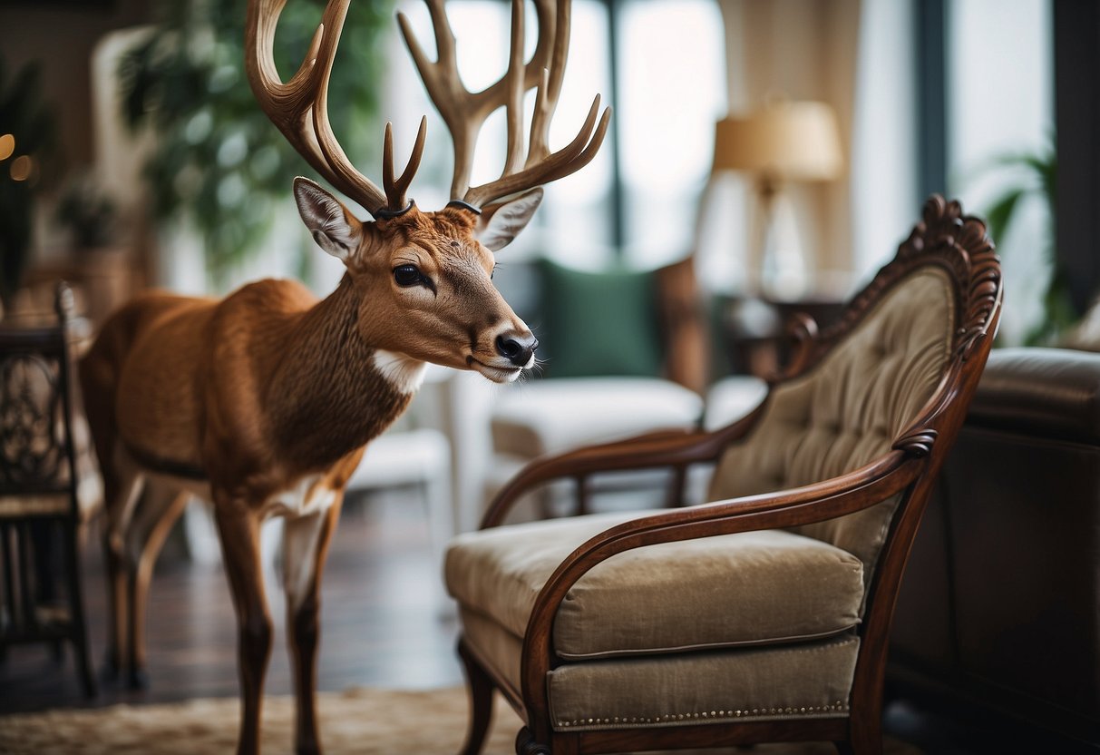 A deer stands among elegant furniture, delicately examining a carved chair with its graceful antlers
