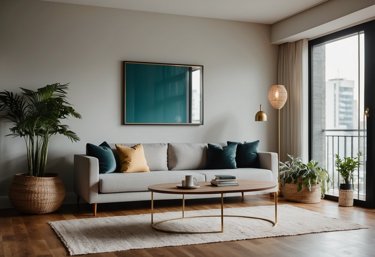 A room with modern furniture, including a sofa, coffee table, and stylish decor. A sign with "Frequently Asked Questions" about rental property displayed prominently
