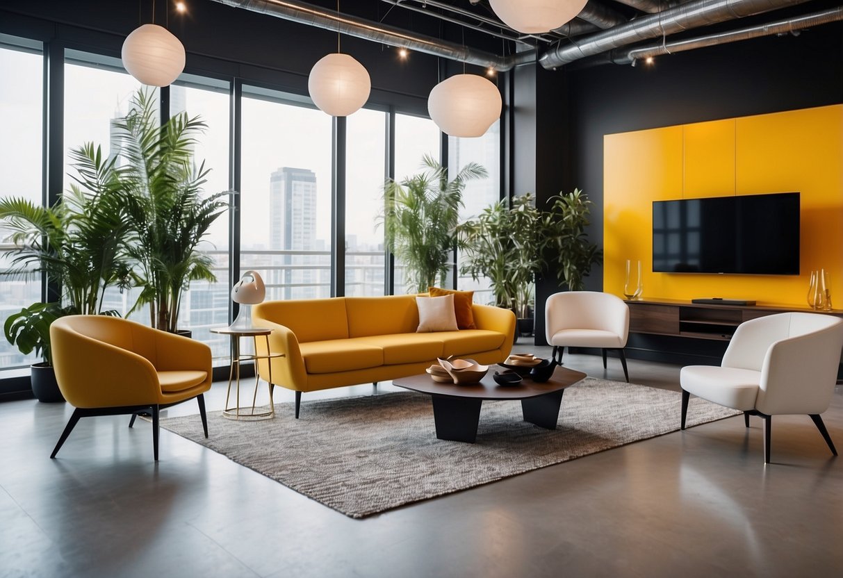 A showroom displays sleek, modern designer furniture for sale, with clean lines and bold colors