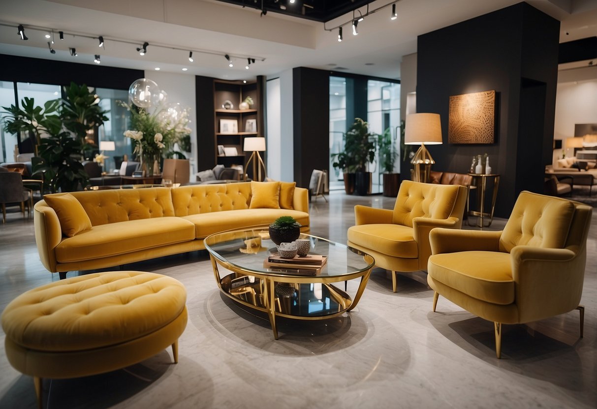 The stylish furniture shops showcase modern, elegant designs with clean lines and luxurious materials. Bright lighting highlights the carefully arranged displays of sofas, chairs, and tables