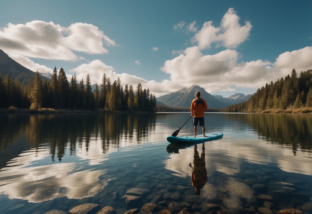 A paddleboarder stands at a crossroads, contemplating five different water sources. Each option is depicted with unique characteristics, from calm lakes to rushing rivers, offering a variety of choices for the perfect paddleboarding trip