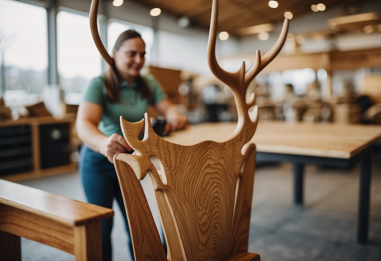 A customer selecting wood finish for a deer-shaped chair