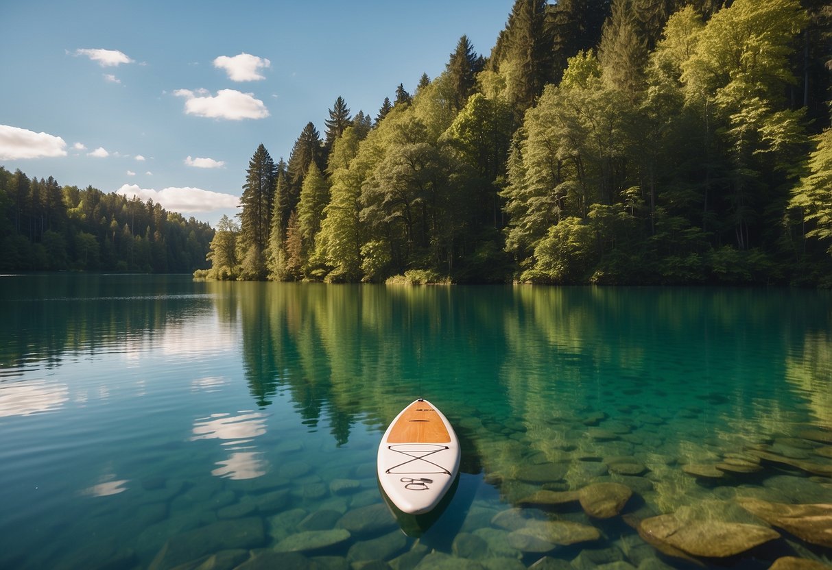 A serene lake with a paddleboard floating on the calm water, surrounded by lush green trees and clear blue skies. No signs of human presence, only the tranquility of nature