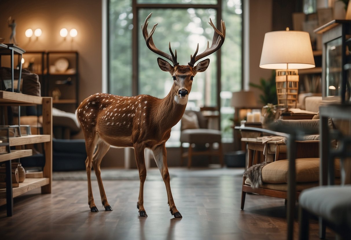 A deer browsing through a furniture store, surrounded by various pieces of furniture with a "Frequently Asked Questions" sign displayed prominently