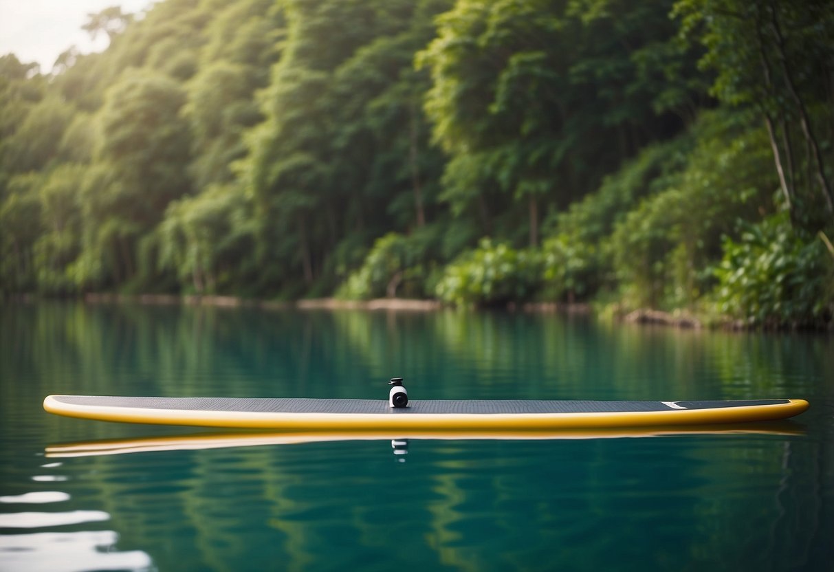 A paddleboard floats on calm water, surrounded by lush greenery. Biodegradable sunscreen sits nearby, emphasizing eco-friendly practices