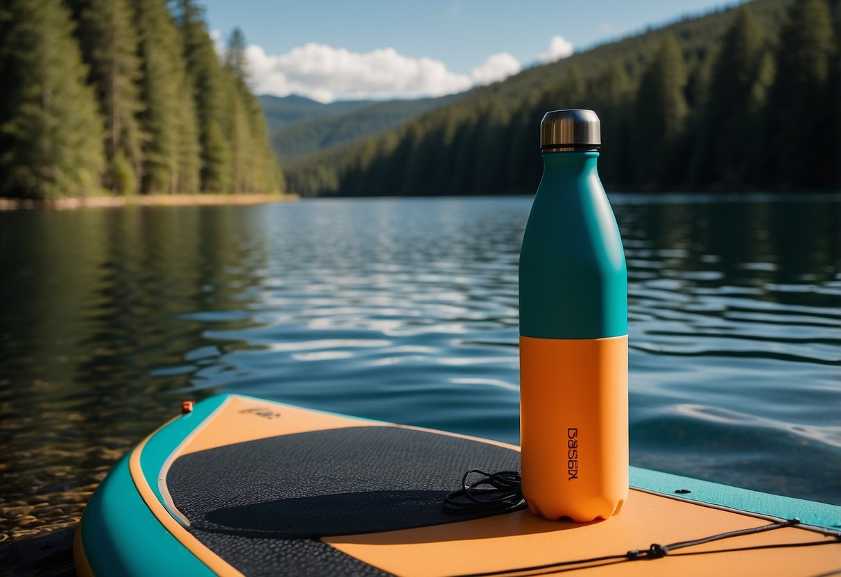 A paddleboard sits on a serene lake, with a reusable water bottle placed on the board. The surrounding landscape is untouched and pristine, showcasing the importance of leaving no trace while paddleboarding