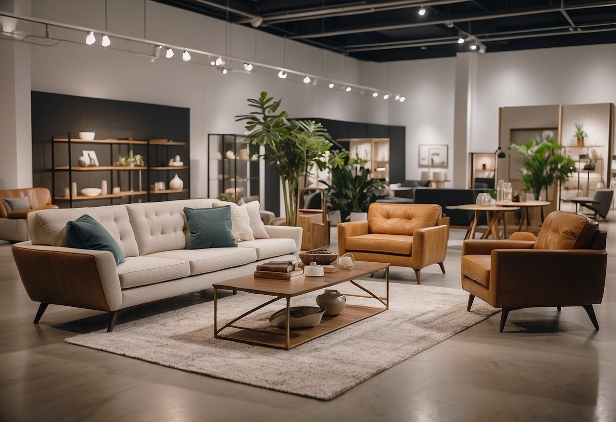 Customers browse modern, vintage, and minimalist furniture in a spacious, well-lit showroom with sleek displays and stylish decor