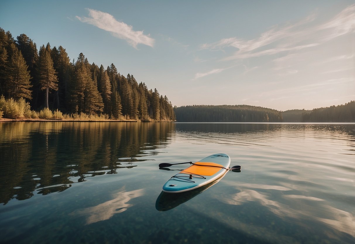 A serene lake with a paddleboard floating on the water, surrounded by a clean shoreline with no trash in sight