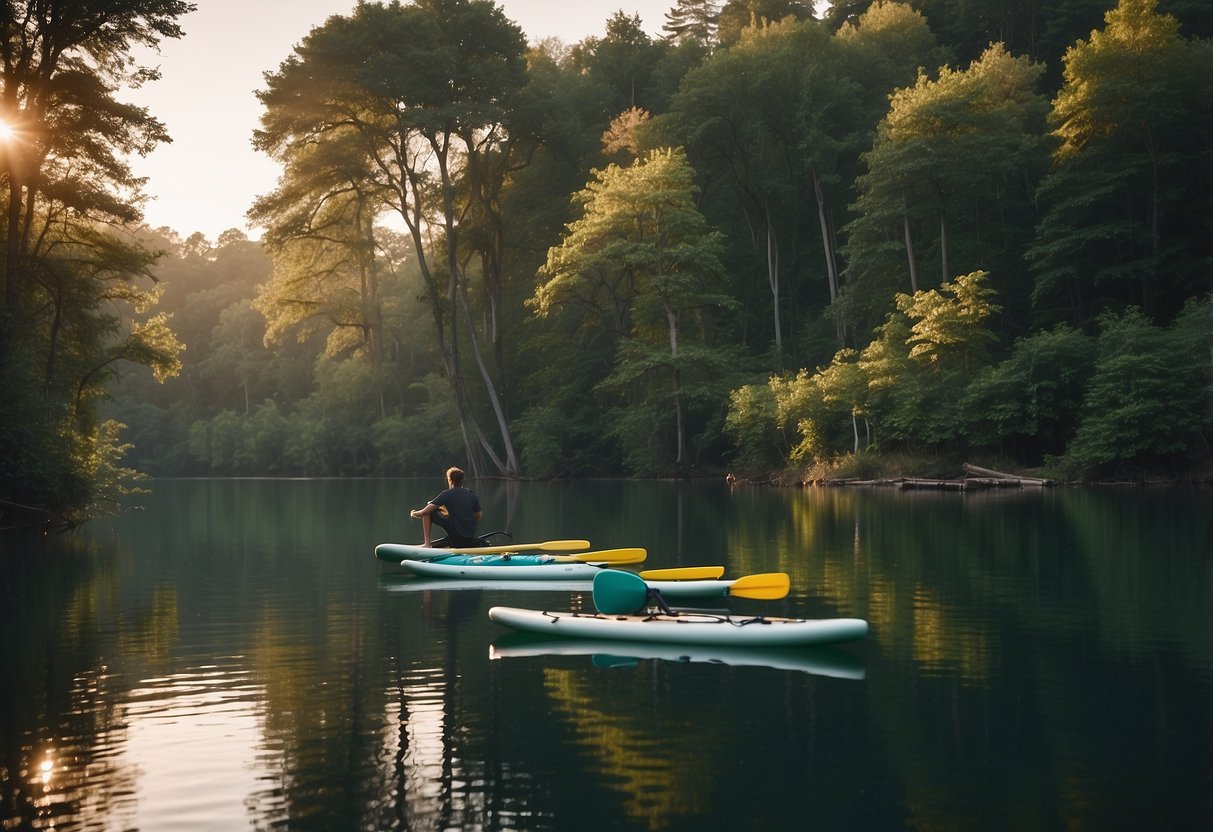 Eco-friendly paddleboards on calm water, surrounded by untouched nature. No trash or disruption. Wildlife undisturbed